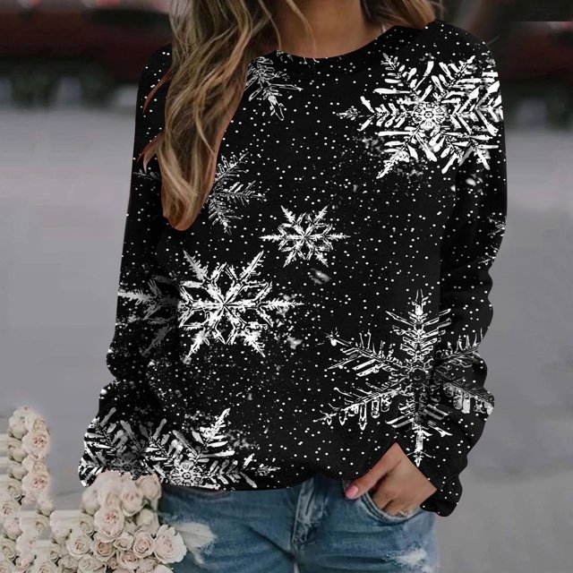 EGNMCR Sweatshirt Mode de Noël Pull-Over à Col Rond Imprimé pour Femmes Manches Longues Blouse Confortable Sweatshirt