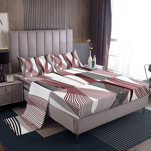 Erosebridal Checkered Geometry Sheet Set King, Red Black Bedding Sets King Size, Mid Century 4 Pieces