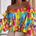 thumbnail image 1 of CEHVOM Ladies Summer Fashion One-Shoulder Three-Quarter Sleeve Print Chiffon Top, 1 of 4