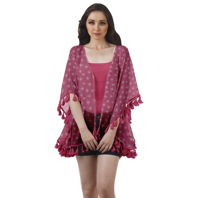 Moomaya Boléro de Couverture Imprimé Cardigan Élégant Multicolore avec Pompons Vêtements d'Été de Plage pour Femmes