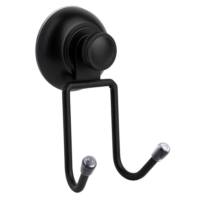 era Tolido Suction Hook in black metal with a round suction base and dual hooks capped with clear protective tips, designed for bathroom storage and organization, measuring 2.75 by 4.56 inches, also suitable for hanging small kitchen utensils or accessories.