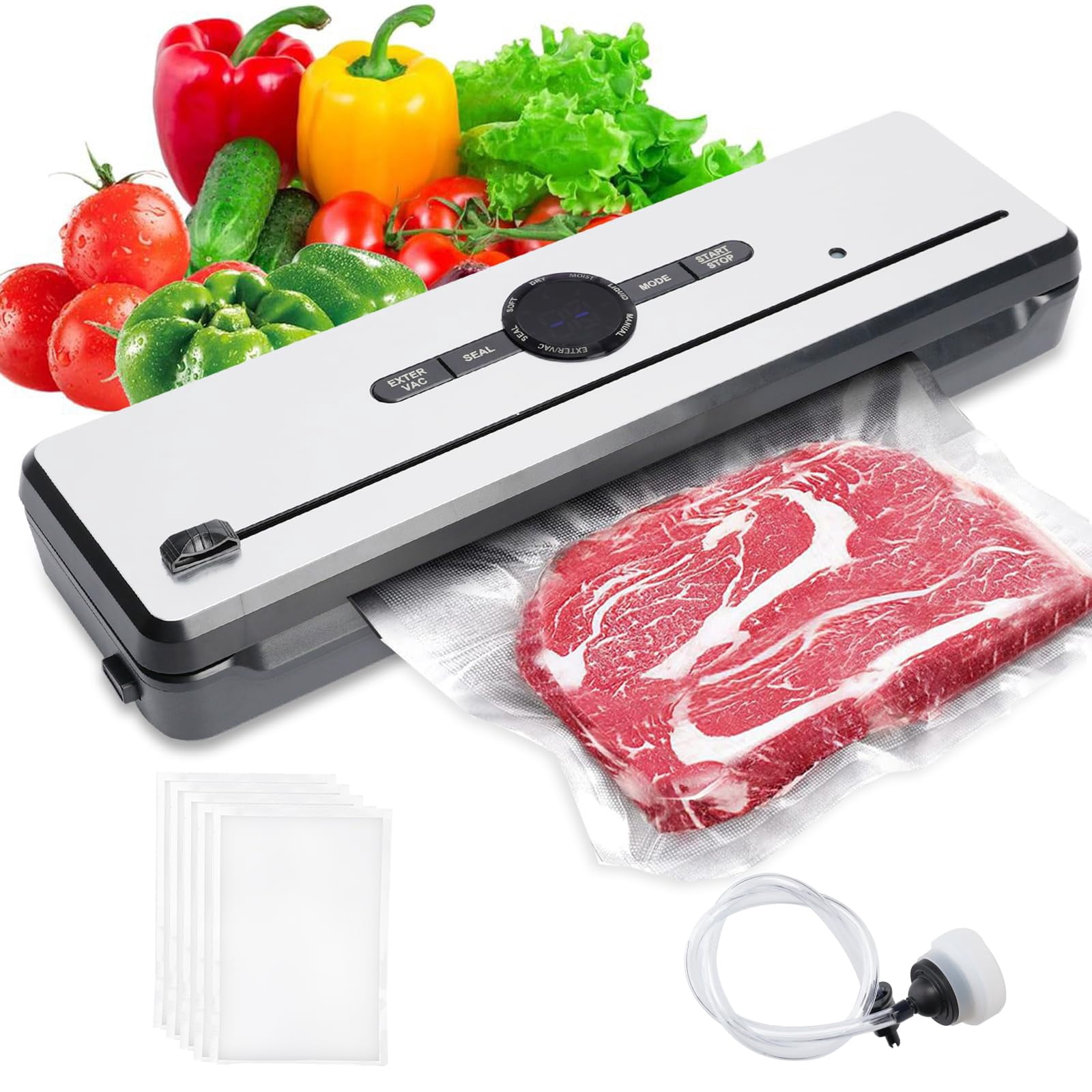 Presoviia Vacuum Sealer Machine 135W - Auto-Stop Food Sealer with Built-in Cutter, 8-in-1 Smart Modes, 5 Vacuum Bags Included, Compact Food Saver for Meal Prep, Sous Vide, Bulk Storage
