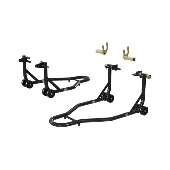 Ensemble de 2 Béquilles de Moto, Béquille de Paddock Capacité de 900 Lb avant et Arrière, Têtes de Fourche en U et L Ajustables, Béquille de Moto en Acier avec Roulettes et Gants pour l'Entretien et les Réparations