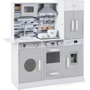 OLAKIDS Jeu de cuisine pour enfants, ensemble de jouets de cuisine en bois pour tout-petits avec lumière réaliste & Son, Pots & Pan, Micro-ondes, Évier, Ensemble de cuisson de fantaisie pour enfants avec accessoires pour les âges 3+ Garçons et filles