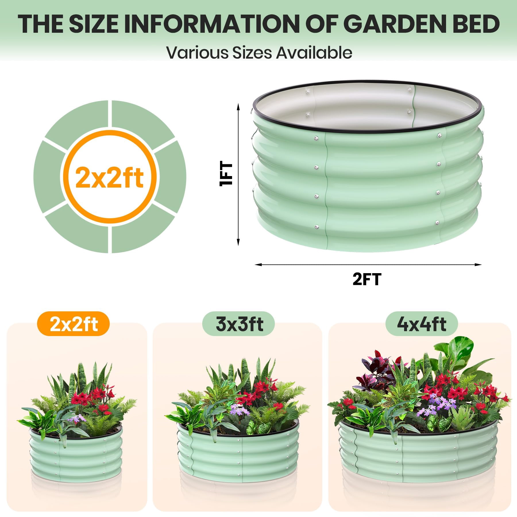 GloryStar Lot de 2 Bacs de Jardin Surélevés Ronds Galvanisés - Tailles 2 Pi/3 Pi/4 Pi - Plate-Bande Extérieure pour Fleurs et Légumes - Conception Robuste et à Fond Ouvert