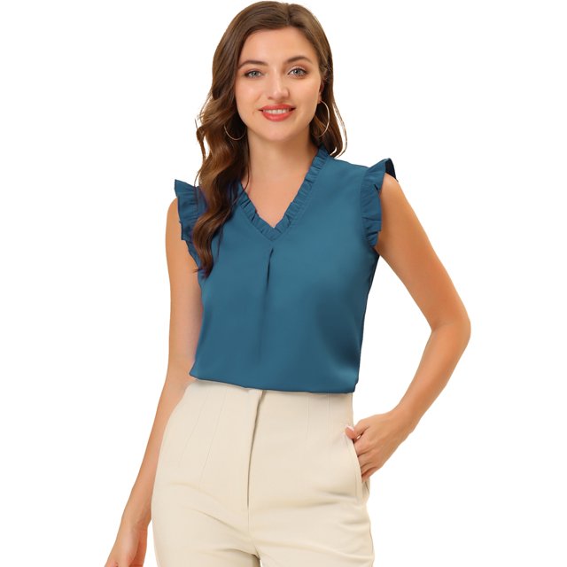 INSPIRE CHIC Blouse de Travail Sans Manches à Volants pour Femme, Col en V, Haut, m Bleu Paon