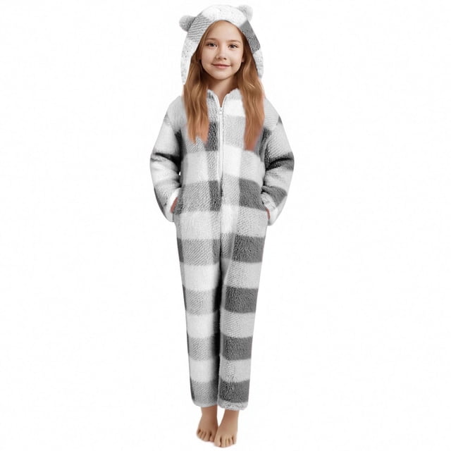 Combinaison à Manches Longues pour Filles, Combinaison à Capuche à Carreaux à Manches Longues, Tenue de Nuit Décontractée d'Hiver avec Chaleur, Rouge, Manches Longues