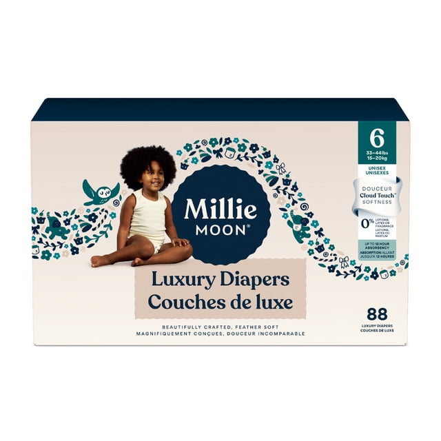 Millie Moon Luxury Diapers Size 6 box containing 88 unisex disposable diapers for babies 33-44 lbs (15-20 kg) with CloudTouch™ softness, dermatologist-tested, free from lotions, latex, and fragrance, offering up to 12 hours of leak protection.