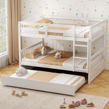 Gymax Full over Full Bunk Bed Platform Wood Bed Captain's Bed w/ Trundle & Ladder Rail
