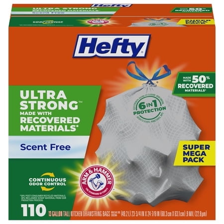 Hefty Ultra Strong Made with 50% Recovered Materials* Tall Kitchen Trash Bags, Gray, Unscented, 13 Gallon, 110 Count