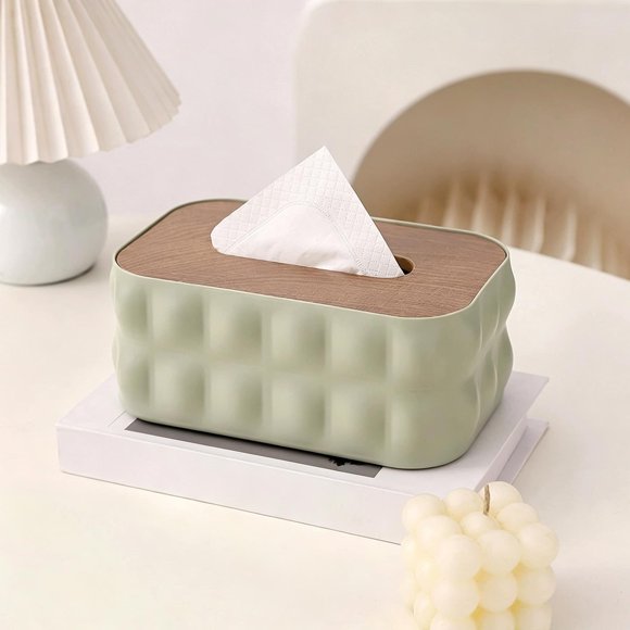 Waffle Texture Large Tissue Box with Wooden Lid for Living Room Desk