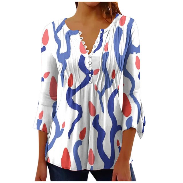 CEHVOM Femmes Mode Imprimé Décontracté Col en V Manches 3/4 T-Shirt Blouse Hauts Liquidation