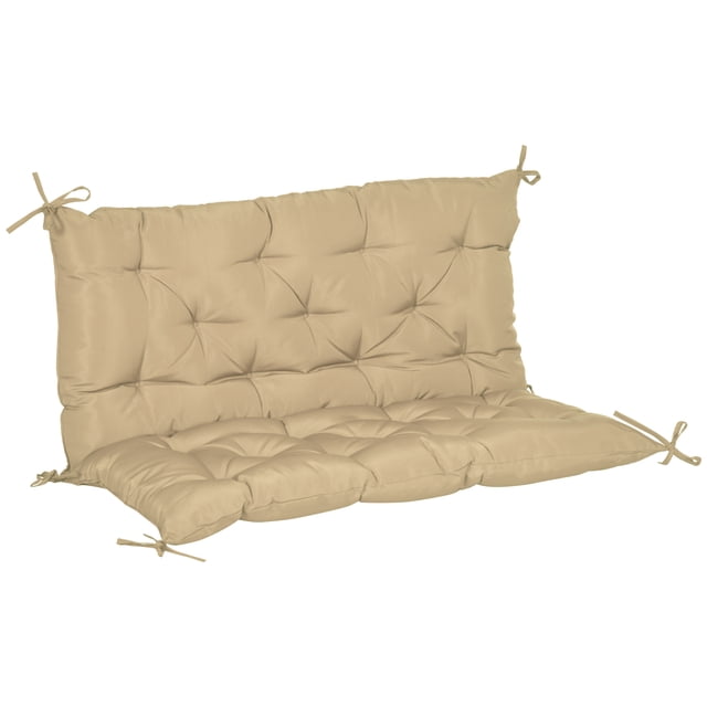 Outsunny Garden Bench Cushion with Backrest, Non-Slip 2 Seater Soft Pad in khaki colour. Designed as a patio furniture cushion replacement, it features tufted design, overstuffed construction, and tie ropes for secure attachment. Made of polyester and cotton, measuring 38.6 inches long, 39.4 inches wide, and 3.1 inches thick. Suitable for enhancing comfort on garden benches.