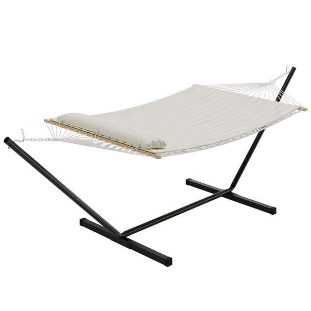 Hammock with Heavy Duty 500Lb Capacity Stand - Portable Cotton Rope Hammock & Quilted Comfort Pad