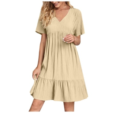 FAVIPT Robes Mini pour Femmes Grande Taille Décontractées Amples Unies Plissées Robe à Manches Courtes Col en V Robes Été 2025 Taille Haute Robe en Dentelle Beige,XXXXXL