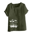 thumbnail image 4 of QATAINLAV Hauts en Coton et Lin pour Femmes 2025 Col Rond Manches Courtes Retroussées T-Shirt Tendance à Imprimé Floral Blouse Décontractée Coupe Ample Tenues de Vacances Liquidation Vert Armée m, 4 of 5