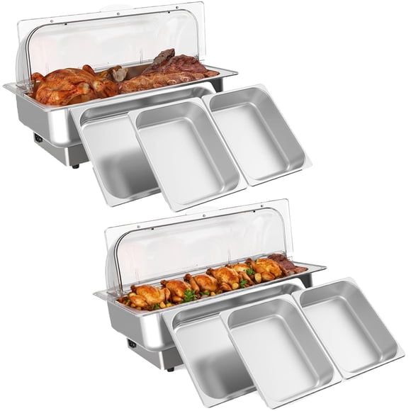 Ensemble de 2 Plats Électriques Anti-Frottement pour Buffet, Réchaud à Dessus Roulé de 9 qt avec Couvercle en PC, Poêles Pleine Grandeur et Demi-Grandeur