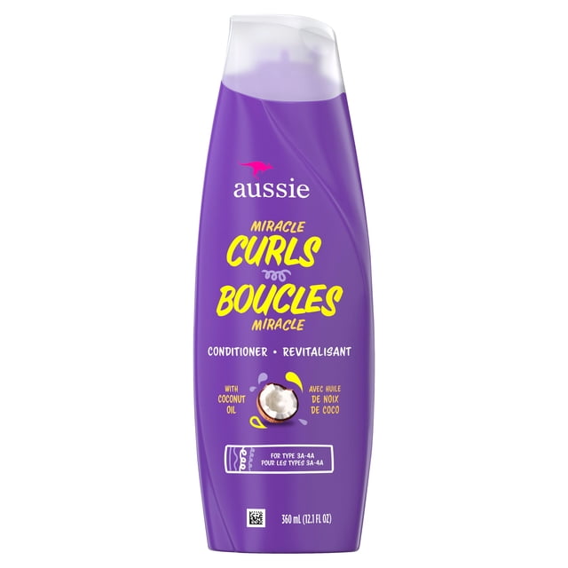 Aussie Miracle Curls à l'Huile de Noix de Coco, Revitalisant Sans Parabènes en Bouteille Violette 360 ml (12.1 fl oz) avec Texte Jaune et Blanc, Conçu pour Hydrater et Nourrir les types de Cheveux Bouclés 3A-4A, Infusé d'Huile de Noix de Coco et d'Huile de jojoba pour des Boucles Douces et Définies.