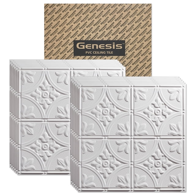Genesis 2ft x 2ft White Ceiling Tiles- Waterproof, Washable, Fire-Rated PVC- 12 Pack