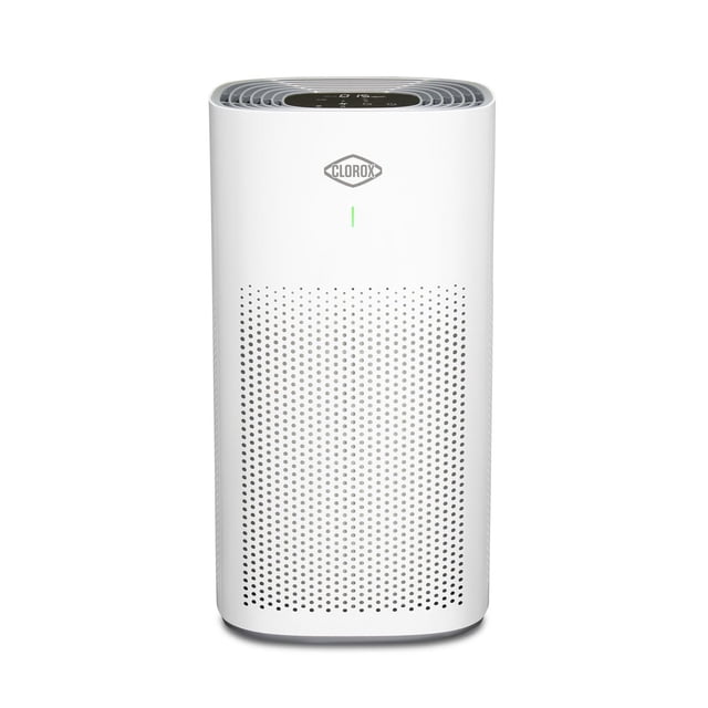 Clorox Large Room True HEPA Air Purifier 11010 with a white rectangular body featuring a perforated front panel for 360-degree air intake, a top digital control panel displaying air quality, and the Clorox logo above a green indicator light, suitable for large rooms up to 1,500 sq ft.