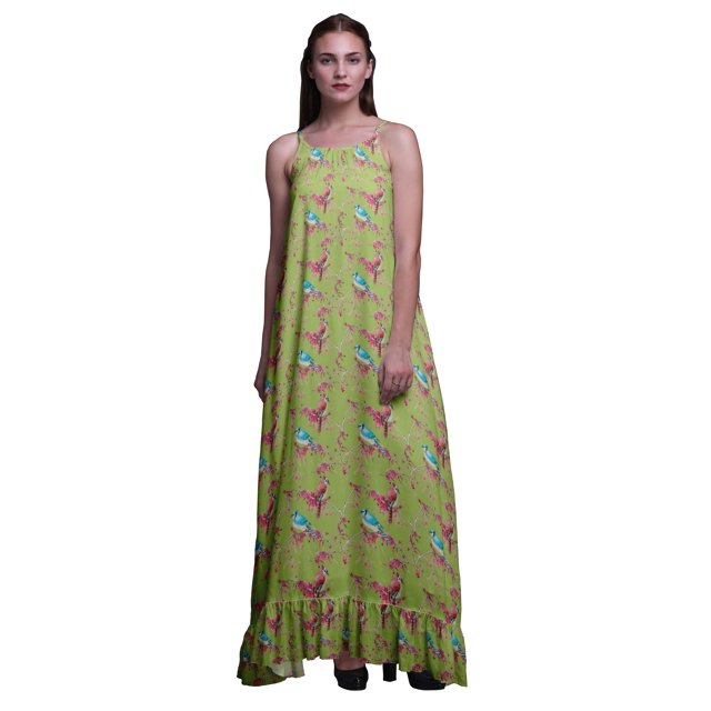 Bimba Vert Pâle2 Oiseau Baies Rouges et Bulbul Tenue de Nuit pour Femmes Nuisette Imprimée Robe Maxi à Bretelles Spaghetti Vêtement de Nuit X-Grand