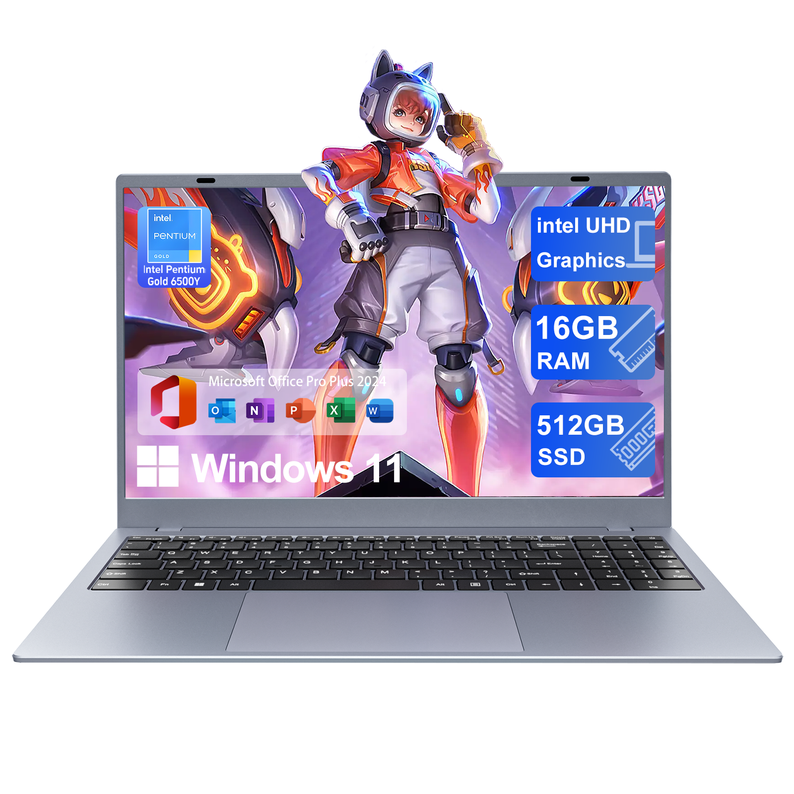 RNRUO 15.6" Windows 11 Laptop, 16GB RAM 512GB SSD, Intel Pentium Gold 6500Y with 2 Cores Up to 3.4GHz, Full HD Display, Office 2024, WiFi5 BT5.0, Laptop Computer for Business, Student, Home Office