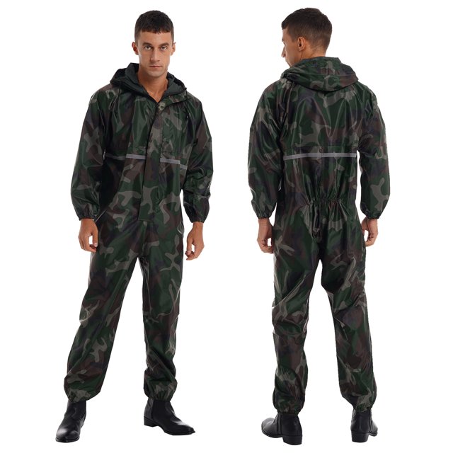 TiaoBug Combinaison Imperméable à Capuche une Pièce pour Homme, Combinaison de Pluie Réfléchissante, Combinaison à Fermeture Éclair, Camouflage L