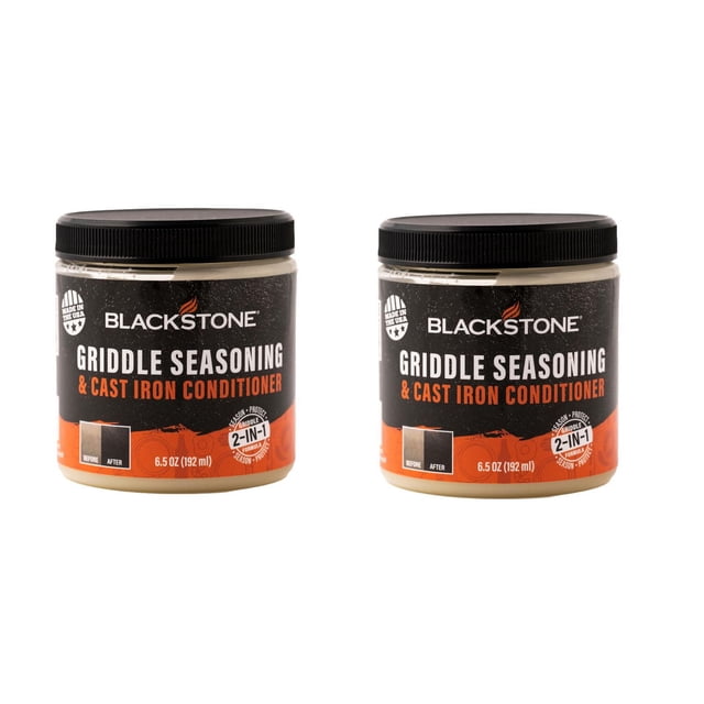 Blackstone Griddle Seasoning and Cast Iron Conditioner 6.5oz (2 Pack) showing two jars with black lids and black and orange labels, formulated with a proprietary blend of oils and beeswax to season and protect griddles and cast iron cookware, made in the USA, ideal for maintaining seasoning and preventing rust.