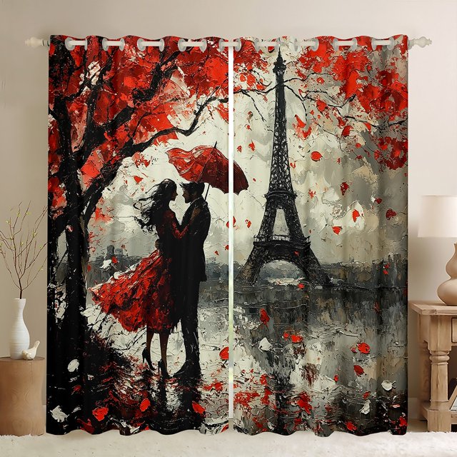 Rideau de Fenêtre Tour Eiffel, Rideau Style Français Monument Parisien pour Adultes Adolescents Enfants, Rideaux de Fenêtre à Fleurs Rouges et Plantes de 2 Panneaux pour Décoration de Salon, 52wx84l Pouces