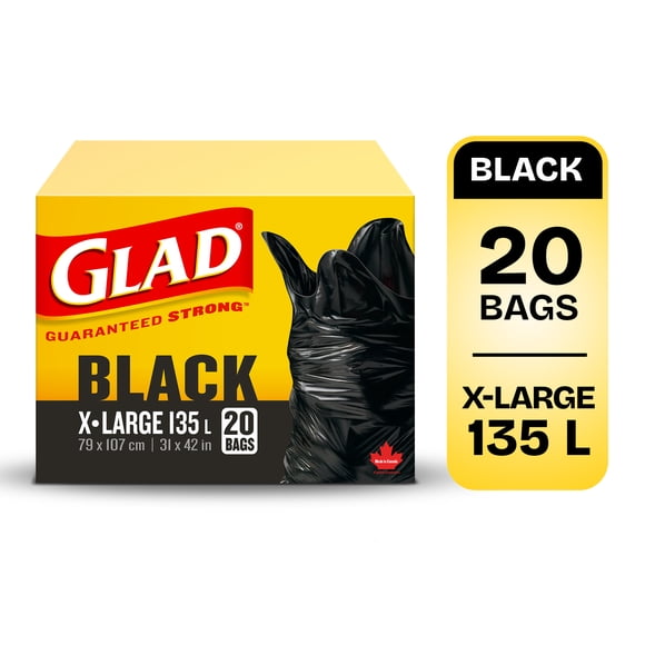 Très grands sacs à ordures noirs de Glad, boîte de 20 sacs à ordures