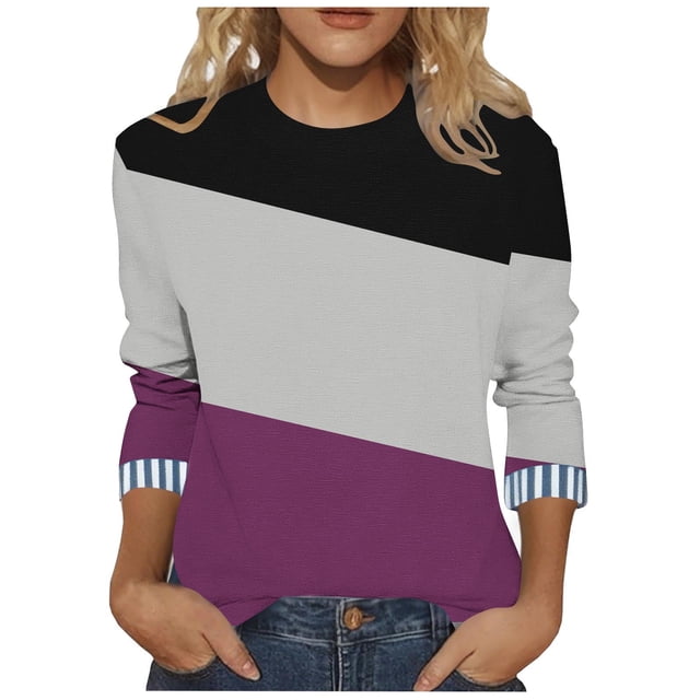 Mevxay Hauts d'Automne Grande Taille pour Femmes Manches 3/4 Tunique à Blocs de Couleur T-Shirts Décontractés Amples Col Rond Blouses Tendance Violet 4TG