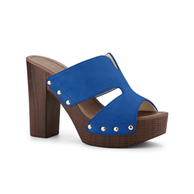 BLISSFUL STEP Women's Faux Suede Platform High Block Heel Slides Sandals Deep Blue (Size 8)