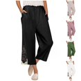 thumbnail image 1 of Womens Wide Leg Cropped Pants Cotton Linen Elastic High Waisted Palazzo Pants with Pockets Beige, 1 of 7