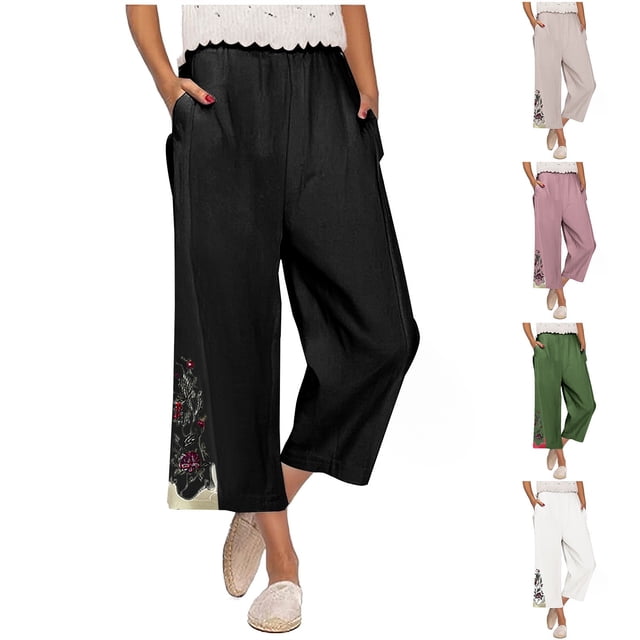 Womens Wide Leg Cropped Pants Cotton Linen Elastic High Waisted Palazzo Pants with Pockets Beige