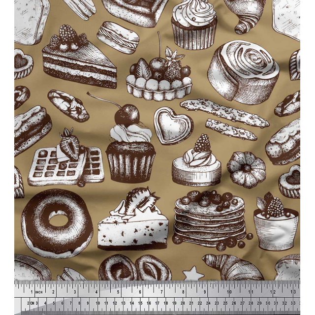 Soimoi Rayon Fabric Cupcake,Donut & Cookies Food Decor Fabric Printed Yard 56 Inch Wide
