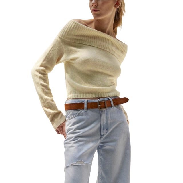Faithtur Women's Spring Autumn Knit Tops Solid Color Long Sleeve Off Shoulder Slim Knitwear