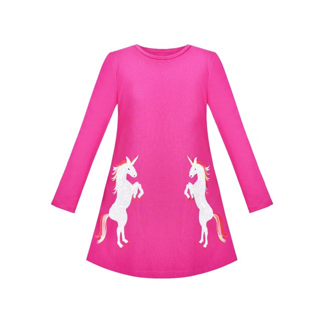 Robe Fille Rose Fuchsia Unicorn à Paillettes Brodée à Manches Longues 3 Ans