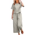 thumbnail image 1 of CHOK Femmes 2 Pièce Tenue Lin Récolte Manches Courtes Haut Salon Ensembles Assortis et Pantalons Longs Survêtements Rose Chaud L, 1 of 5