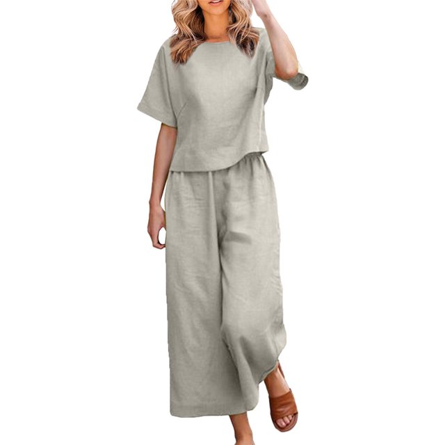 CHOK Femmes 2 Pièce Tenue Lin Récolte Manches Courtes Haut Salon Ensembles Assortis et Pantalons Longs Survêtements Rose Chaud L