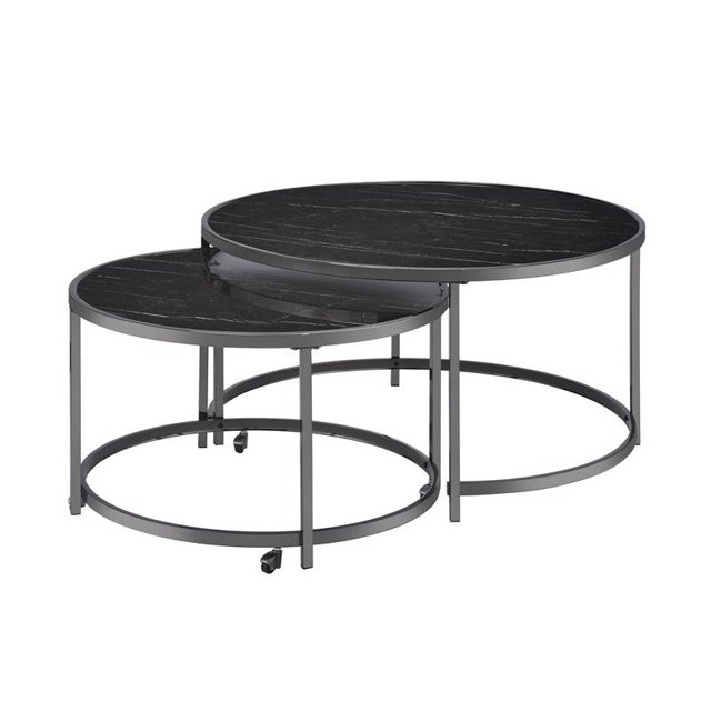 Rayne Ensemble de Table Cocktail Gigogne en Faux Marbre Noir, Verre et Chrome
