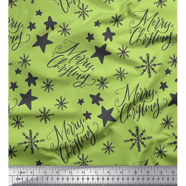Soimoi Green polyester Crepe Fabric Star & Snowflakes Text Print Sewing Fabric Yard 52 Inch Wide