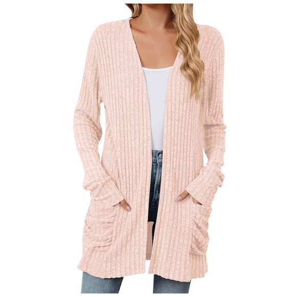 WUANDIXFA Womens Sweaters Women Fall and Winter Casual Long Sleeve Cardigan Mid Length Solid Color Knitted Cardigan with Pockets Pink,S