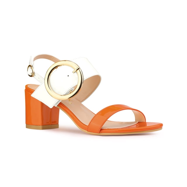 BLISSFUL STEP Slingback Contrast Color Chunky Heel Big Circle Buckle Heeled Sandals Orange White 7