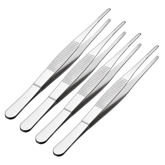 Unique Bargains 4 Pcs 6.3-Inch Stainless Steel Straight Blunt Tweezers Serrated Tip
