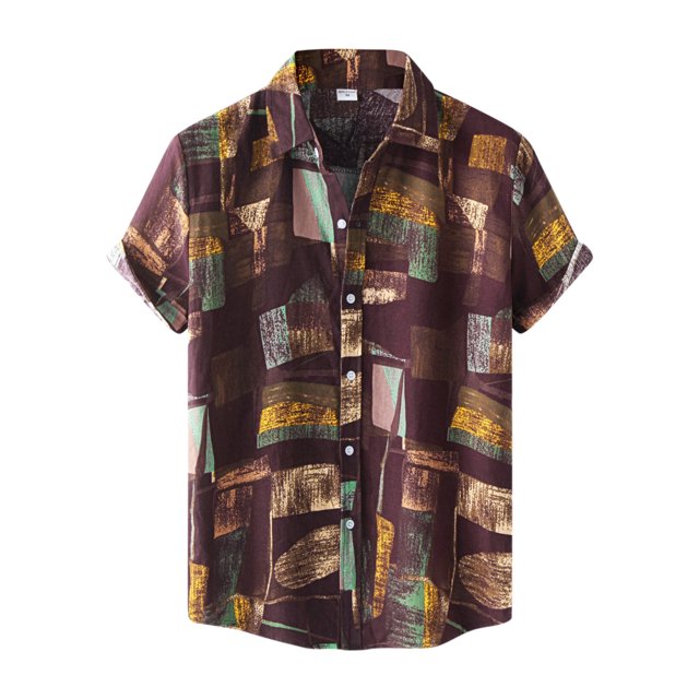 Unique Bargains Men's Geometric Short Sleeve Shirt Burgundy Yellow 3X-Large