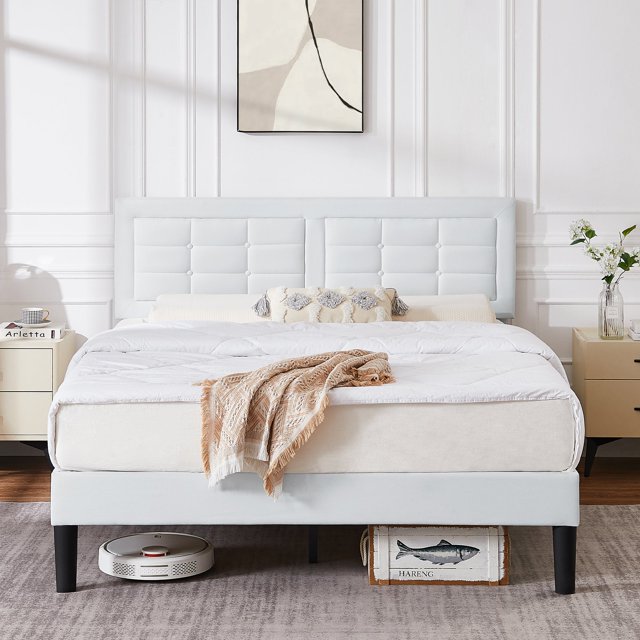 VECELO Queen Upholstered Platform Bed Frame with Button Tufted Adjustable Headboard, White