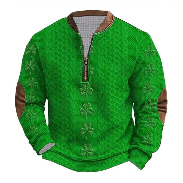 Penkiiy Haut Imprimé pour la Saint-Patrick pour Hommes Demi-Fermeture à Glissière Manches Longues Col Rond TG Multicolore