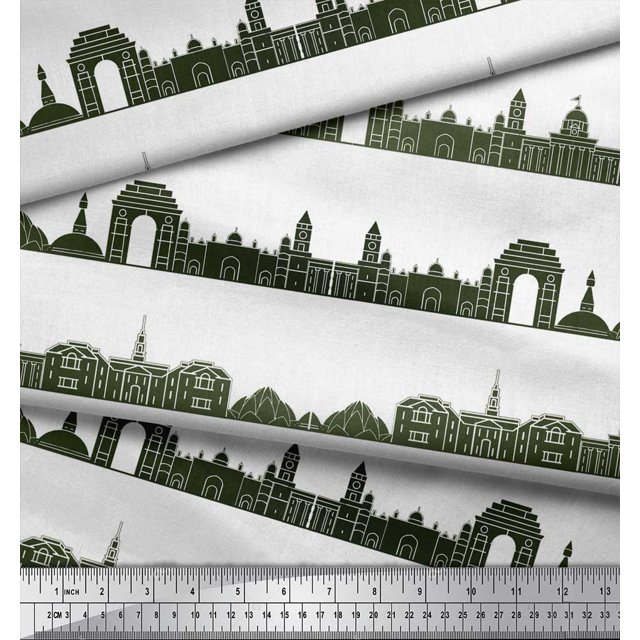 Soimoi Green polyester Crepe Fabric Indian Monuments Architectural Print Sewing Fabric Yard 42 Inch Wide