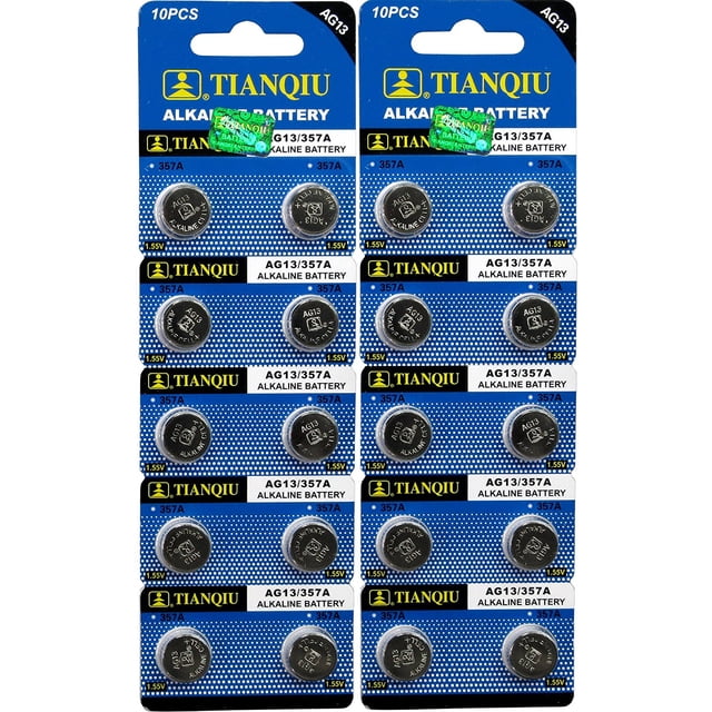 Tian Qiu / Tian Tan LR44 / AG13 Button Cell Batteries in a 20-pack configuration. The image shows two blister packs, each containing 10 AG13 LR44H 357A 1.5V alkaline batteries. The packaging features a blue and yellow design with the Tianqiu branding prominently displayed.