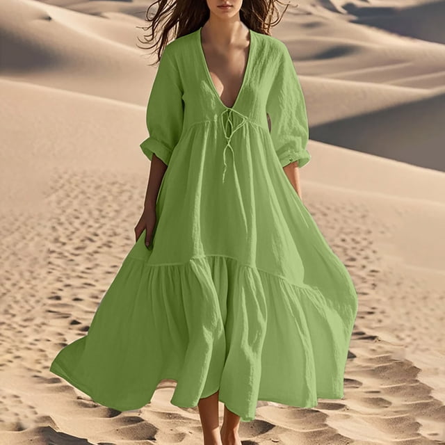Pisexur Robes d'Été pour Femmes en Doux Lin-Coton Robes d'Été pour Femmes Décontractées à Col en V Manches 3/4 Robe Maxi Ample Confortable Fluide Robes pour Femmes Couleur Unie à Volants Boho Longues Robes P-2TG Vert